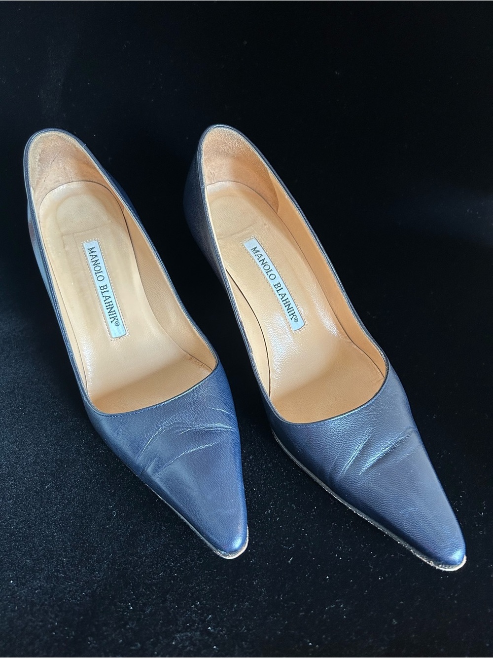 Manolo Blahnik Navy Pointed Toe Leather Pumps